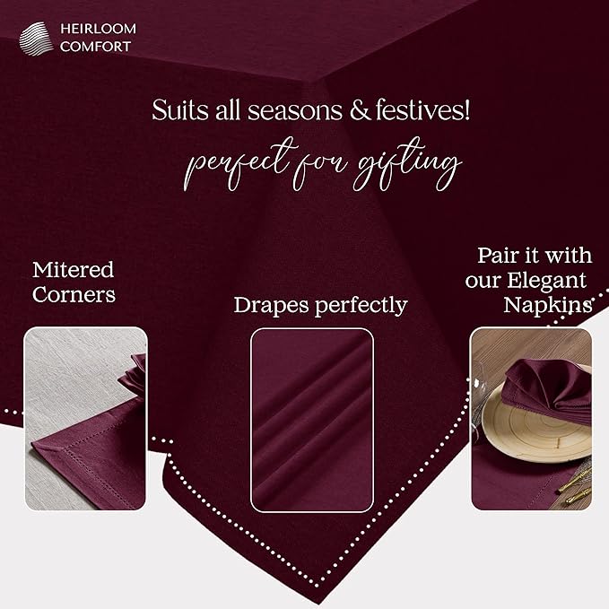 Burgundy Wine Tablecloth, 100% Cotton, 60x102 Inch, Fits 8-10 Seats, Soft, Washable, Wrinkle Resistant, Rectangle Dining Table Cover for Anniversaries, Decor, Holiday, Dinner, Events