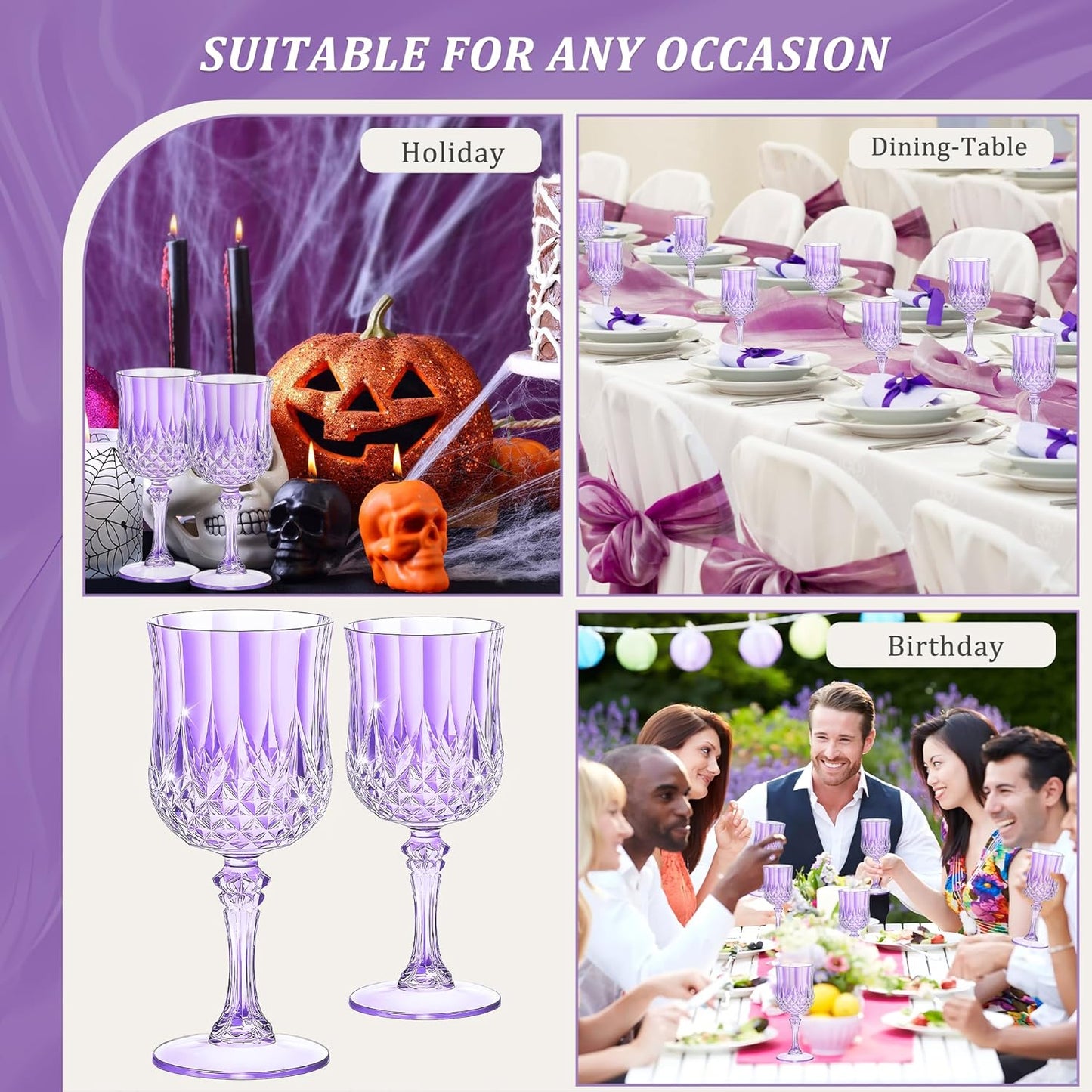 48PCS 7OZ Purple Wine Plastic Glasses, Drinking Champagne Glasses Flutes Crystal Vintage Water Unbreakable Goblets for Wedding, Parties