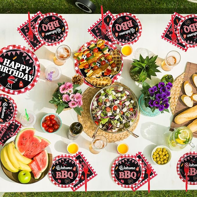 Grencian 200 Pcs BBQ Party Decorations for Birthday Picnic Red and Black Gingham BBQ Baby Shower Plates Supplies Summer Picnic Baby Q Birthday Party Decorations for Summer Barbecue Kids Adults