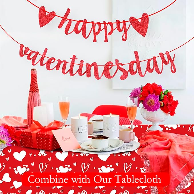 Glitter Happy Valentines Day Banner, Pre-Assemble Valentines Day Banners, Red Valentine's Day Sign with Heart for Valentine Home, Office, Fireplace, Wall and Party Decorations