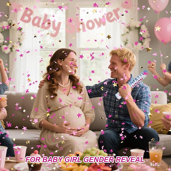 4 Pack Gender Reveal Confetti Cannon, 12 in Pink Star Shaped Paper Party Poppers Cannons, Confetti Poppers For Baby Boy Girl Gender Reveal Baby Showers (Star, Pink)