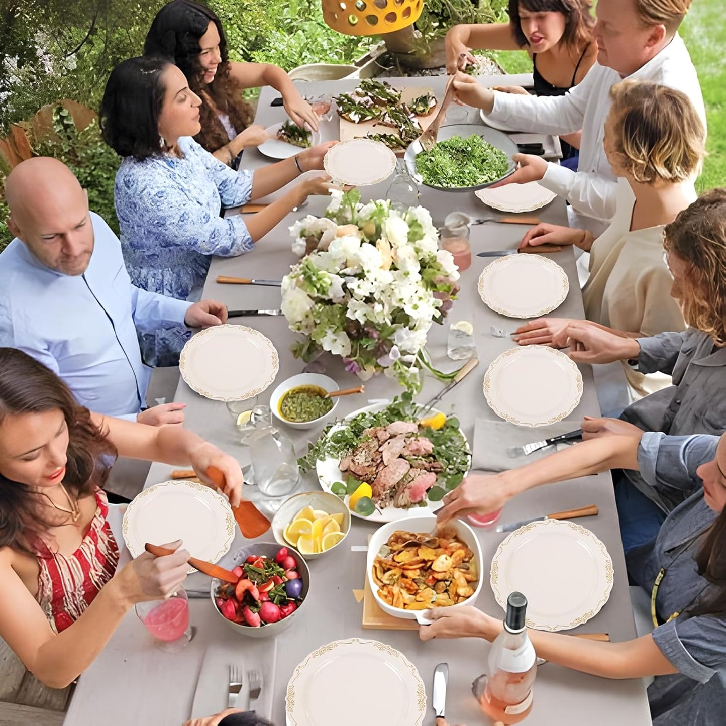 U-QE 100 PCS Ivory Thanksgiving Plastic Plates with Gold Rim - Gold Plastic Plates for Thanksgiving - Heavy Duty Disposable Use Including 50 10 '' & 50 7.5 ''