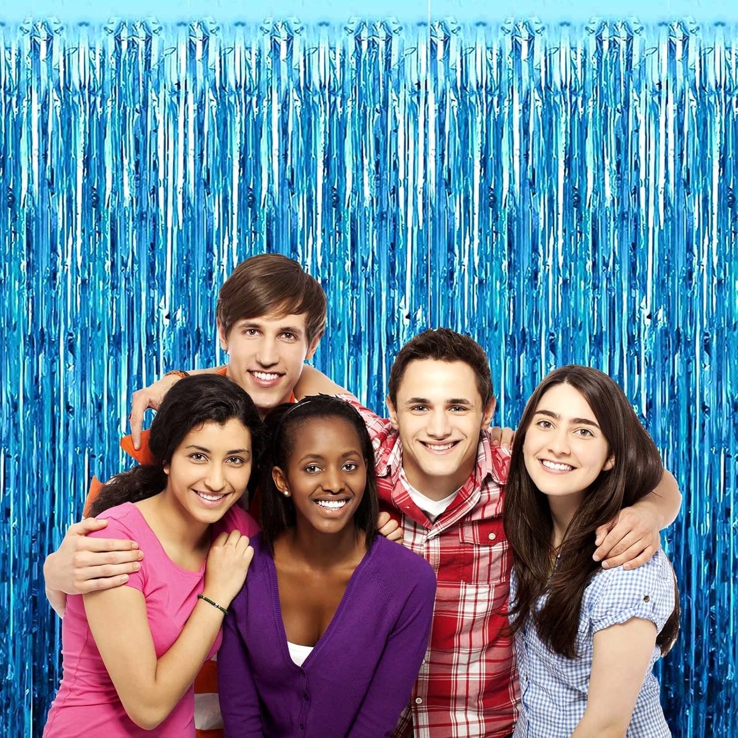 4 Pack Lake Blue Foil Fringe Curtain Backdrop, 3.28Ft x 6.56Ft Metallic Tinsel Foil Fringe Streamers Curtains, turquoise,red, Macaron Orange 6.25Ft
