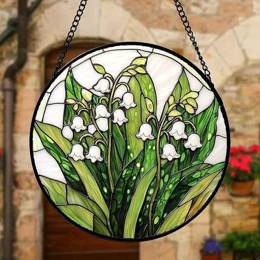 Stained Glass Window Hanging, Lily of The Valley Flower Sun Catchers Colorful Glass Panel Green Plants Suncatcher Decor for Birthday for Women,Men,Wife, Lovers, and Mom 11.8 in