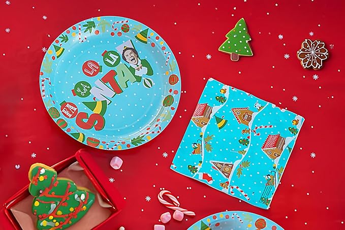 Silver Buffalo Elf Buddy the Elf Fa La La Santa Snow Christmas 32 Pack Partyware Disposable Paper Plates and Napkins