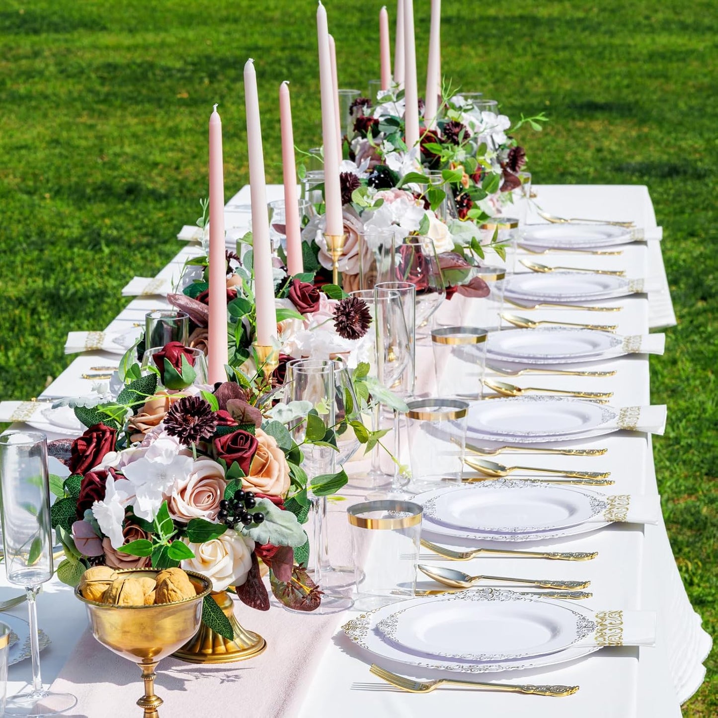 Nervure 350PCS Gold Plastic Dinnerware - White and Gold Disposable Plates for 50 Guests - 100 White Disposable Plates, 150 Plastic Silverware, 50 Cups, 50 Napkins for Wedding & Party & Thanksgiving