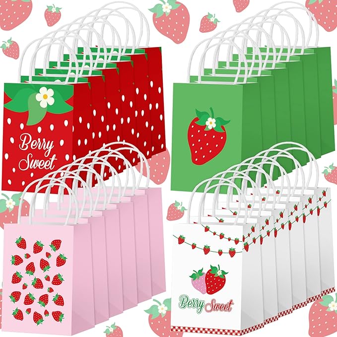 Outus 24 Pcs Strawberry Party Favor Bags Summer Strawberry Gift Bags Cute Strawberry Goodie Candy Paper Bags with Handles for Kids Berry First Birthday Party Supplies Baby Shower Wedding Decoration