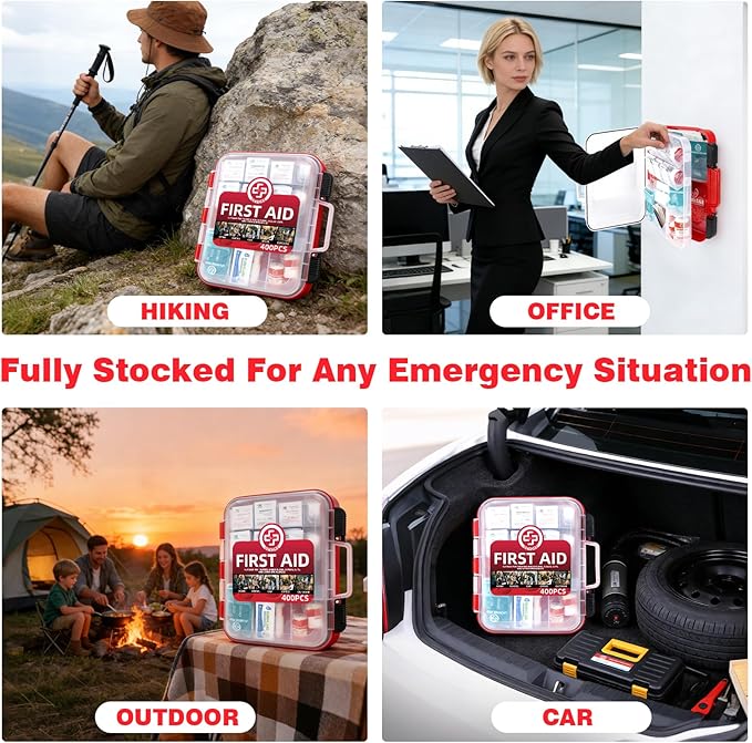400 Piece First Aid Kit - Organized Dual-Layer Wall-Mountable Hard Case Medical Kit for Home, Car, Camping, Travel, Hiking, Truck, Office, Sports, Vehicle & Outdoor Emergencies