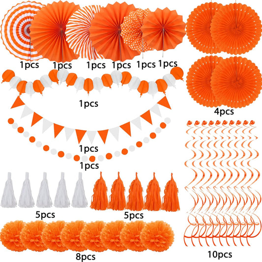 ZERODECO Party Decorations, 41 Pcs Orange Papar Fans Pompoms Garlands String Tissue Paper Tassel for Halloween New Years Spring Festival Wedding Birthday Party