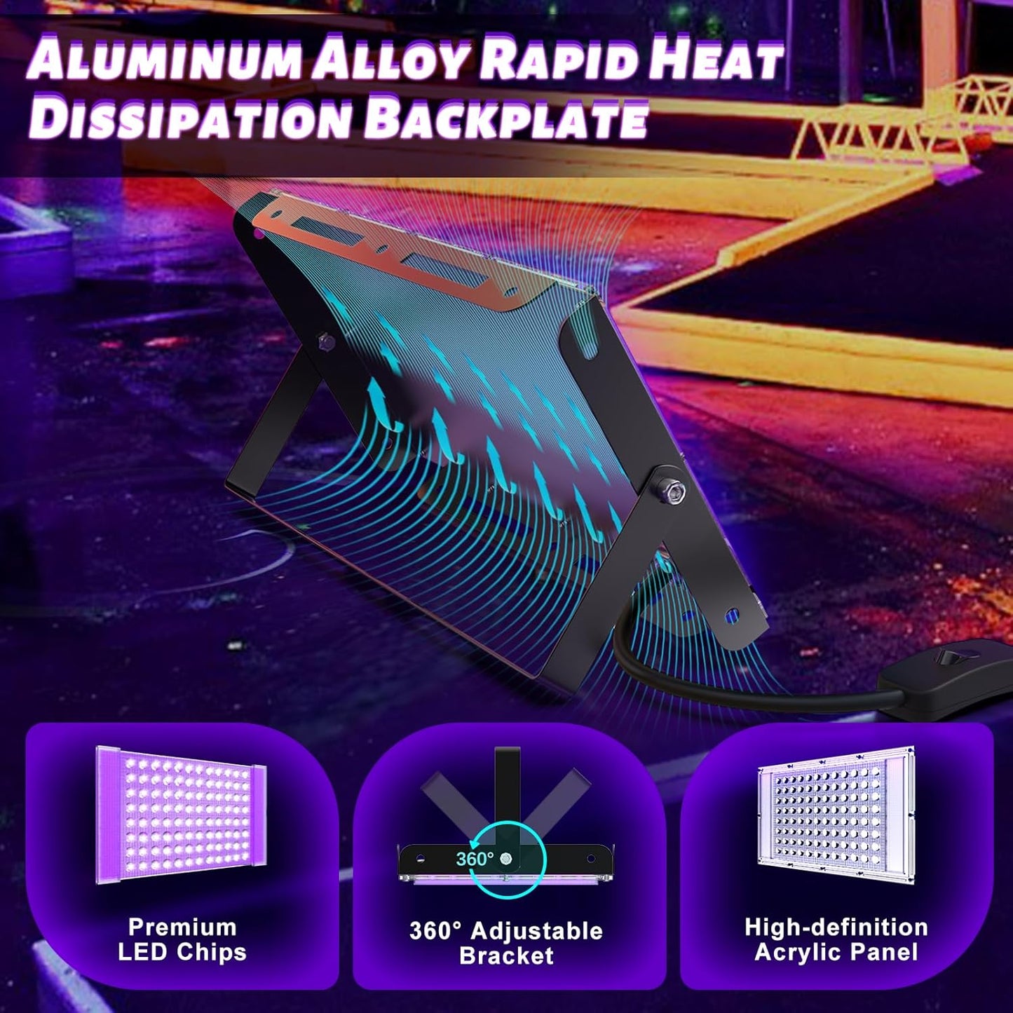 100W LED Black Light, Powerful UV Spotlight, IP66, 395nm UV Lamp for Christmas, Halloween Glow Party (1 Pack)