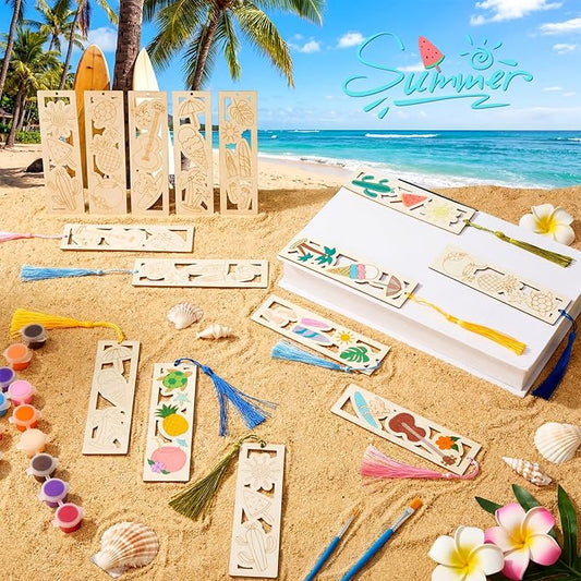 Yexiya 100 Pcs Bulk DIY Wooden Bookmarks Kit - 50 Set Tropical Hawaii Unfinished Wood Crafts with 50 Colorful Tassels for Classroom Rewards, Student Gifts, Summer Camp, Luau Party Favors, Art Projects