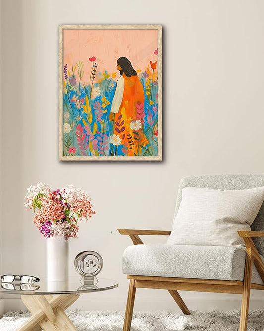 EcoHest OAK Wood Jesus Framed Wall Art, 12x16in The Wildflowers Bible Verse Christian Wall Art, Modern Bedroom Decor For Living Room Bathroom Religious Gift 1Pack