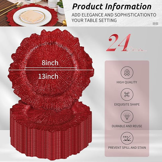 Pesonlook 24Pcs Red Charger Plates Round 13inch, Reef Plate Chargers for Dinner, Bulk Plastic Floral Table Charger Plates for Dinner Wedding Party Event Table Setting Decoration(Red)