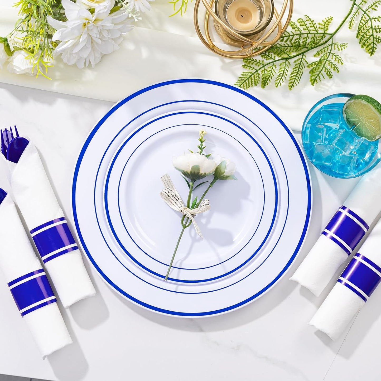 WELLIFE 700 Pcs Blue Plastic Plates for 100 Guests - Plastic Dinnerware Set,Party Supplies Includes 200 Blue Disposable Plates,300 Silverware,100 Napkins,100 Cups