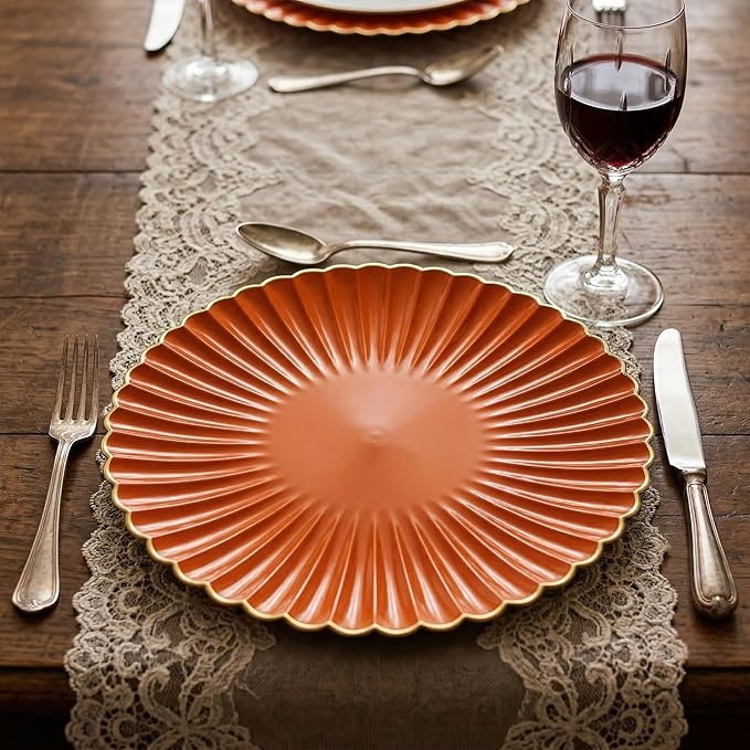 Orange Charger Plates, 13 Inch Plastic Round Dinner Charger Plates for Wedding Party, Tabletop Decor. (Set of 6)