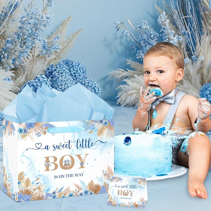 Baby Shower Paper Bag, Blue Floral Sweet Baby Boy Gift Bag with Tissue Paper and Card Boho Dried Flowers Wrap Bag with Handle for Baby Shower Birthday Gender Reveal Party Favors Decorations Supplies
