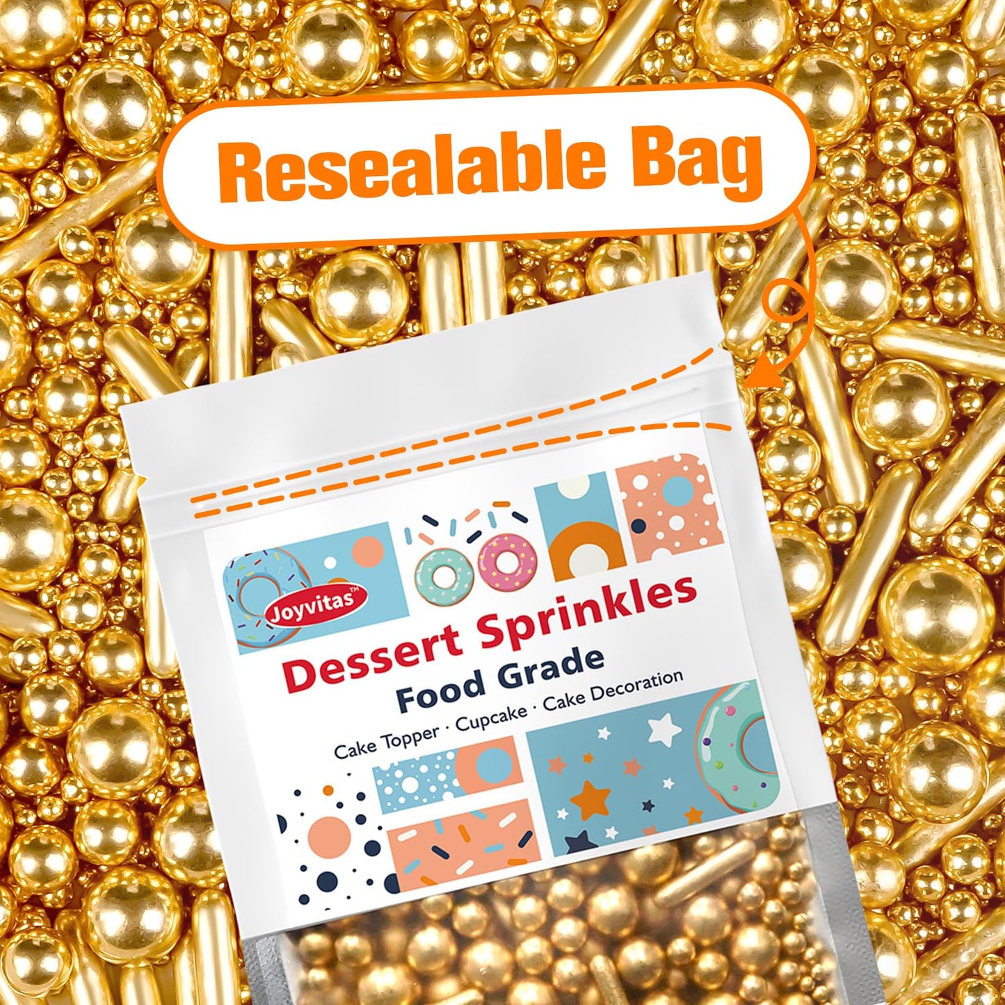 Gold Pearl Rods Sprinkles for Christmas Decorating, Edible Sugar Pearls Rods Candy, 150g/5.29oz, Mix Size Cake Topper Donuts Cupcake Cookie Dessert Decorations, Holiday, Wedding Party, Easter Supplies