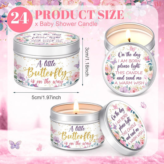 MTLEE 24 Pcs Butterfly Baby Shower Party Favors Candles Lavender Scented Baby Shower Favors for Guests Rustic Tealights Candles Gender Reveal Return Gifts Girl Boy(1.2 Oz, Gold)