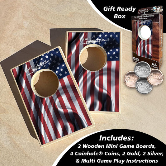 Coinhole Desktop Coin Bouncing Party Game Set | Tabletop Cornhole Board Game | Small Cornhole Travel Game Includes Coins