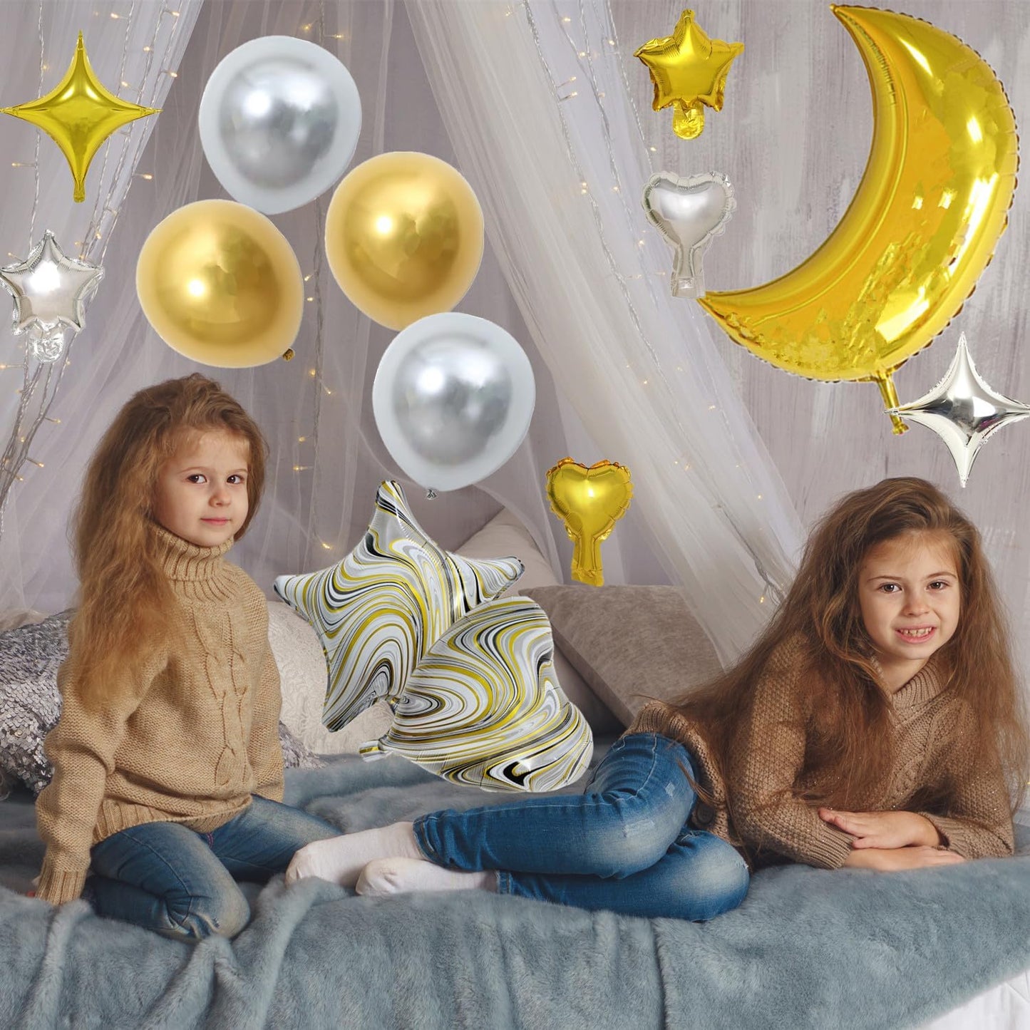 44 Pieces PAJAMA PARTY Balloons Gold Moon Star Heart Aluminum Foil Balloons Silver Latex Balloons for Girls Women Slumber Party Sleepover Birthday Party Spa Party Decoration (Gold)