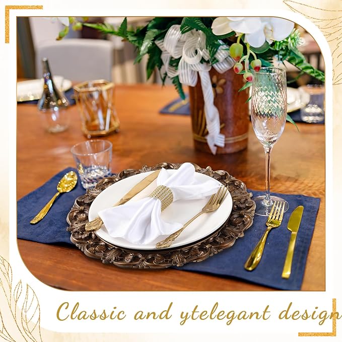 12 Pcs Antique Gold Charger Plates Bulk 13 Inch Embossed Rim Plastic Round Decorative Vintage Plates Charger for Dinner Wedding Party Event Table Setting Decoration (Vintage)
