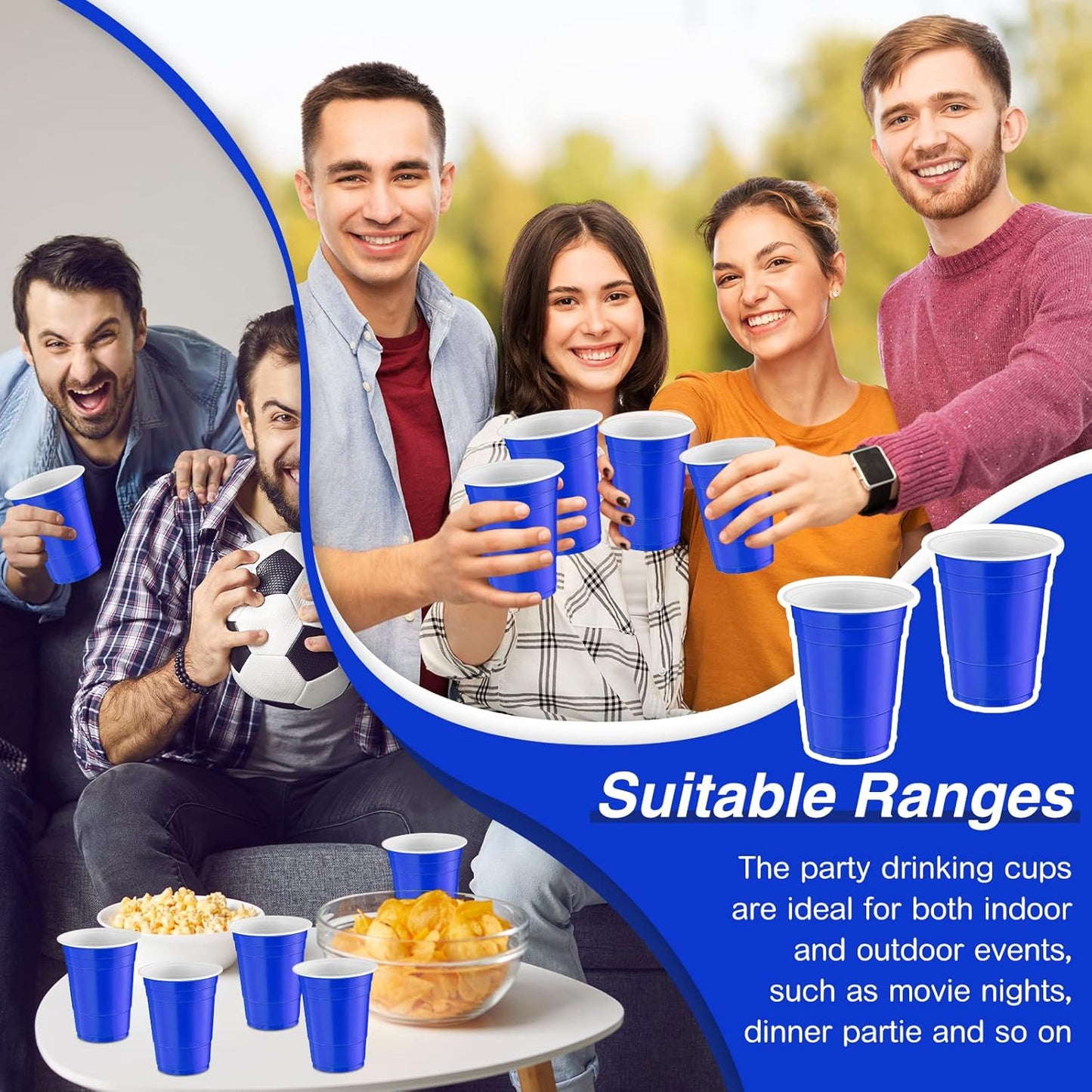 Lounsweer 100 Pack 16 Ounce Christmas Plastic Party Cups Disposable Heavy Duty Drinking Water Cups for Holiday Christmas Festival Wedding New Year Birthday Party Supplies(Blue)