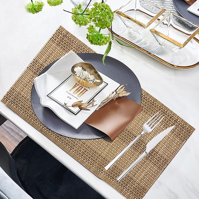 ANDSTAR Set of 4 Weave Bamboo Placemat Modern Table Natural Anti-Slip Bamboo Placemats Washable Heat-Resistant Table Mats for Kitchen Dinning Room Table Decor(12x24 inch,Brown)