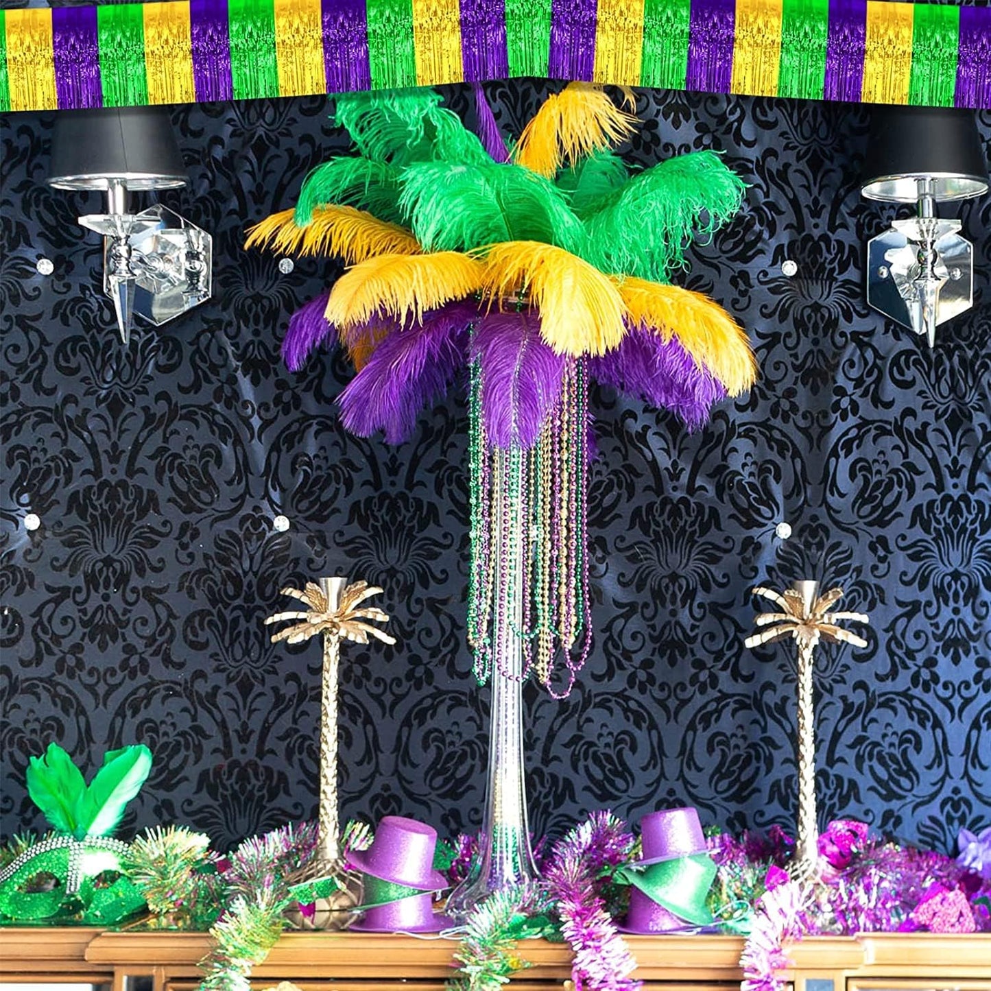 6 Pack 10 Feet Mardi Gras Foil Fringe Garland Metallic Tinsel Streamers Banner Wall Hanging Backdrop Banner for Parade Floats, Valentine's Day, Wedding, Birthday Party Decorations Gold Green Purple
