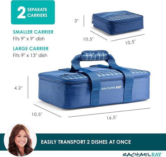 Rachael Ray Lugger Duo, Insulated Casserole Carrier for Hot or Cold Food, Thermal Lasanga Lugger Tote for Potluck, Parties, Picnic, and Cookouts, Fits 9" x 13" Baking Dish, Navy Gingham