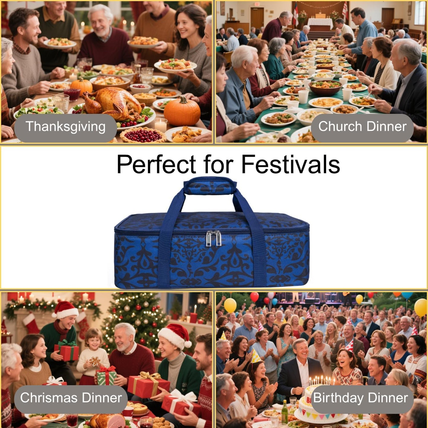 Insulated Casserole Carrier Bag - Portable Reusable Lunch Food Transport Tote Bag Keep Food Hot/Cold Fits 9x13" Lasagna Baking Dish for Gathering/Potluck Parties/Cookout/Camping/Offices-Blue/Black