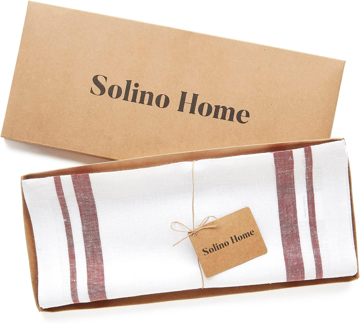 Solino Home Linen Table Runner 60 Inches - 100% Pure Linen Red and White French Stripe Table Runner 14 x 60 Inch Ideal for Dresser and Coffee Tables - Christmas, Holiday