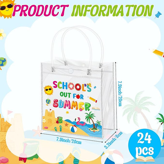 H1vojoxo End of Year Gift Bags - 24PCS End of Year Clear PVC Gift Bags with Handles Bulk 7.9x3.2x7.9 Inch Last Day of School Goodie Treat Bag Summer School's Out Classroom Gifts Wrap Totes for Student