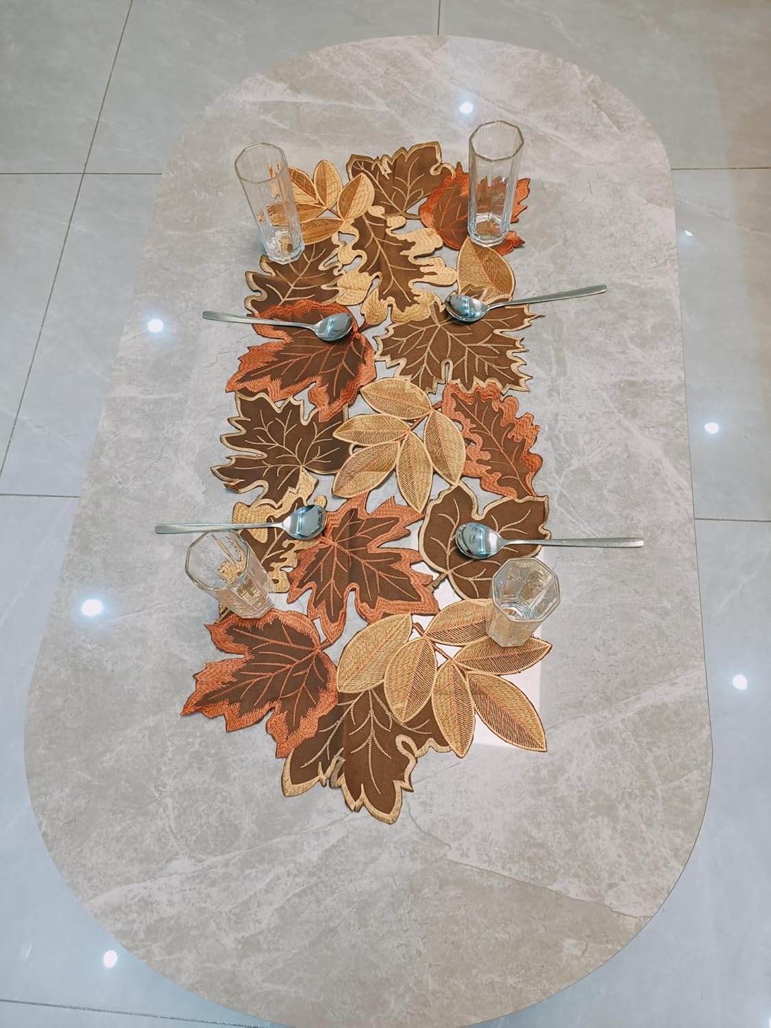 Fall Leaf Embroidered Table Runner 36 Inches for Thanksgiving and Autumn Harvest Decoration (16''x36'', Coffee Colored Maple Leaves)