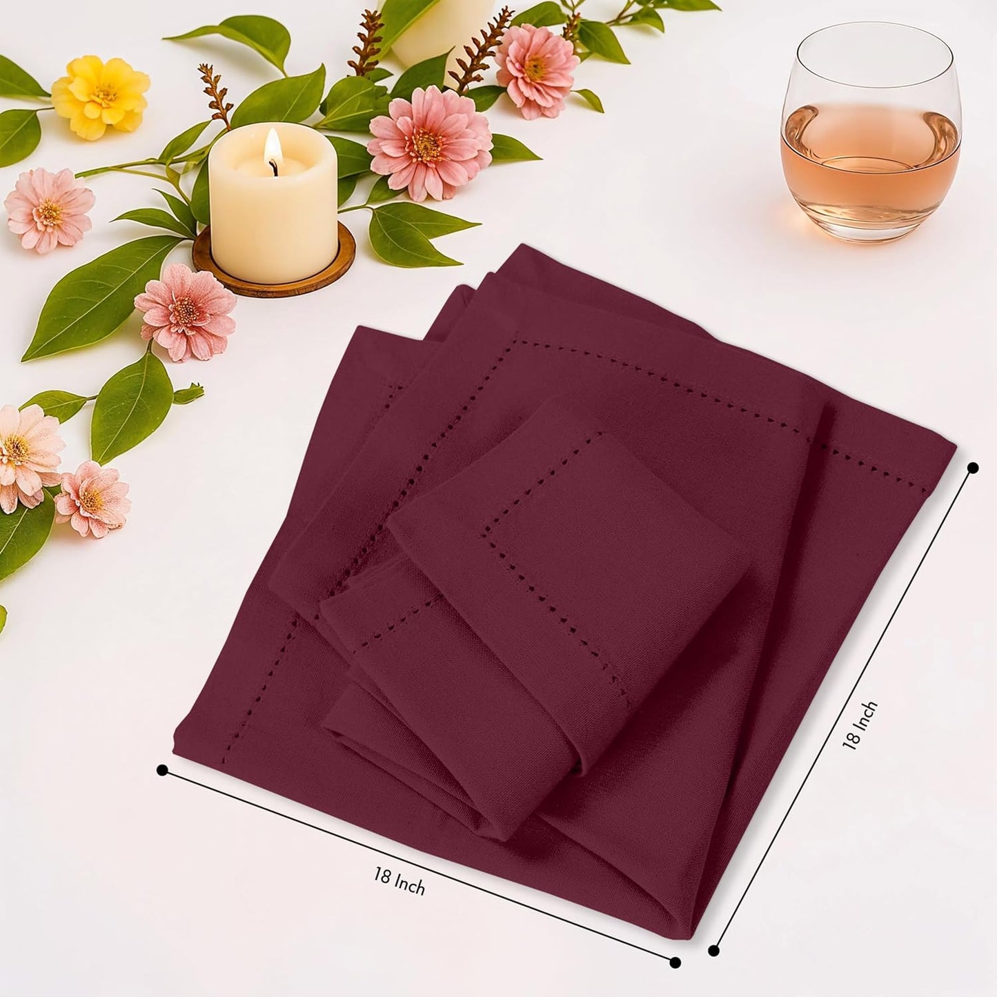 Ruvanti Cloth Napkins - 100% Cotton Dinner Napkins, Hem Stitched Corners, 18x18 Inch, 12 Pack - Soft, Absorbent, Durable, Reusable, Wrinkle Resistant for Formal Dining & Everyday Use - Burgundy