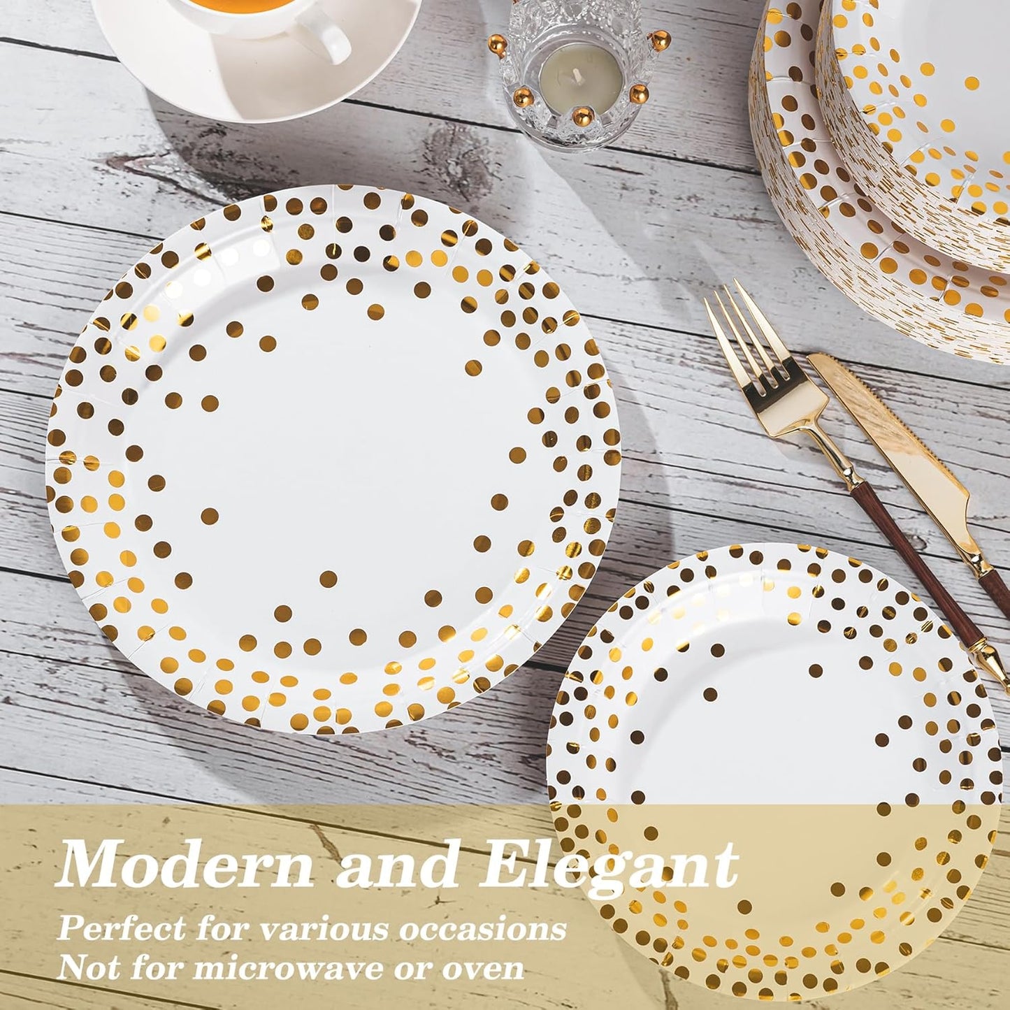Lullaby 200PCS White Paper Plates, Disposable White and Gold Paper Plates, 100pcs Dinner Plates 9", 100pcs Dessert Plates 7", Party Plates with Golden Dot for Birthday, Gathering