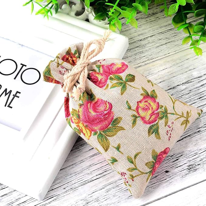 Pangda 30 Pieces Small Size Rose Drawstring Bags Burlap Flower Pouch Bags Linen Gift Jewelry Pouches for Wedding DIY Craft Party (3.9 x 5.3 Inch)