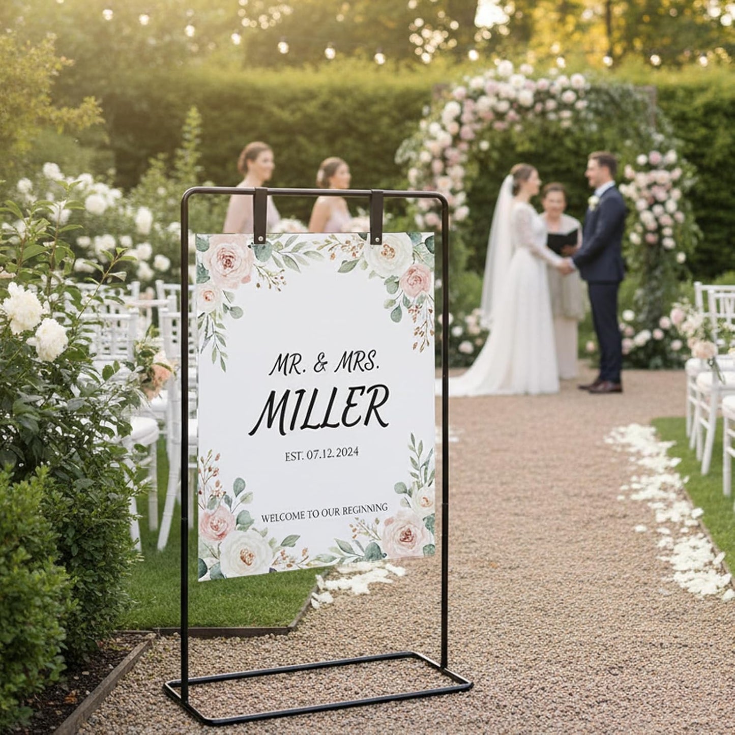 Wedding Sign Holder, Adjustable Welcome to Our Wedding Sign Stand with 4 Leather Sign Hanging Straps, Wedding Seating Chart Stand for Party, Baby Shower, Graduation Ceremony