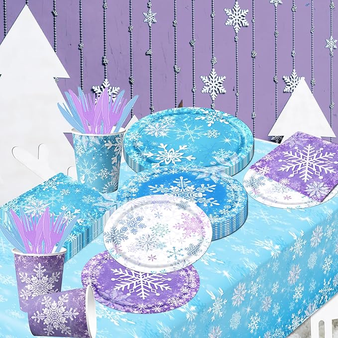 143pcs Birthday Party Decoration Snowflake Themed Tableware Winter Birthday Baby Shower Christmas Party Favors for Kids Including Plates,Napkins,Tablecloth,Banner,Cups