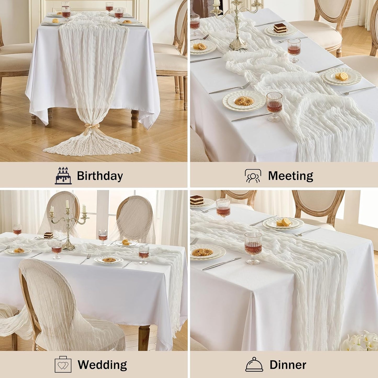 Fanami 3 Pack Cheesecloth Table Runner -10FT Ivory White Boho Gauze Cheese Cloth Table Runner 120 Inches Long Rustic Sheer Fabric Centerpieces for Wedding Birthday Party Bridal Baby Shower Decorations