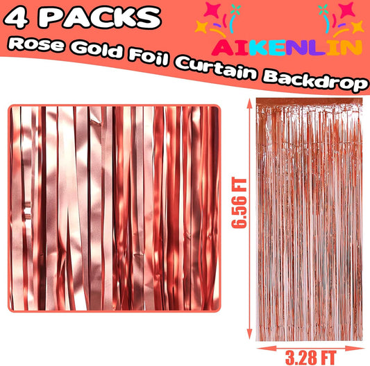 4 Pack 3.3Ft x 6.6Ft Rose Gold Foil Fringe Curtain Backdrop, Metallic Tinsel Foil Fringe Streamers Curtains Background for Photo Booth, Birthday, Wedding, Halloween, Christmas Party Decoration