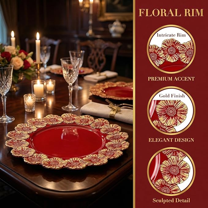 Red Charger Plates with Flower Rim, 13" Round Charger for Dinner Plates, Set of 6 Plastic Plate Chargers for Halloween, Thanksgivng, Christmas.