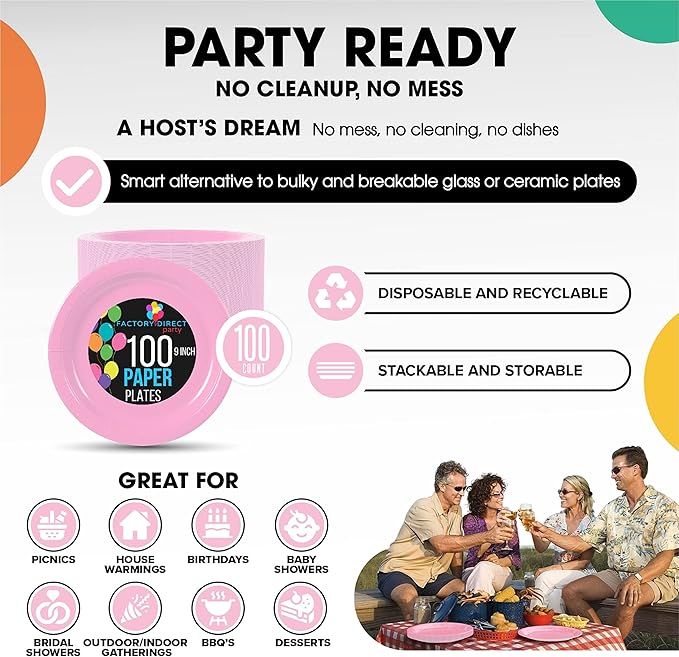 Exquisite Party Solids Pink Paper Plates Disposable Heavy Duty 9 Inch Pink Disposable Plates For Party 100 Pcs Heavy Duty 350 GSM, Birthday Supplies