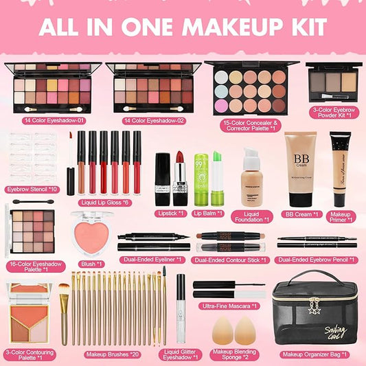 All in One Makeup Kit for Women Full Kit, Makeup Gift Set for Women Teen Girls, Makeup Essential Bundle Includes Foundation Eyeshadow Contour Palette Lipstick Eyeliner Mascara Cosmetic Brush Set