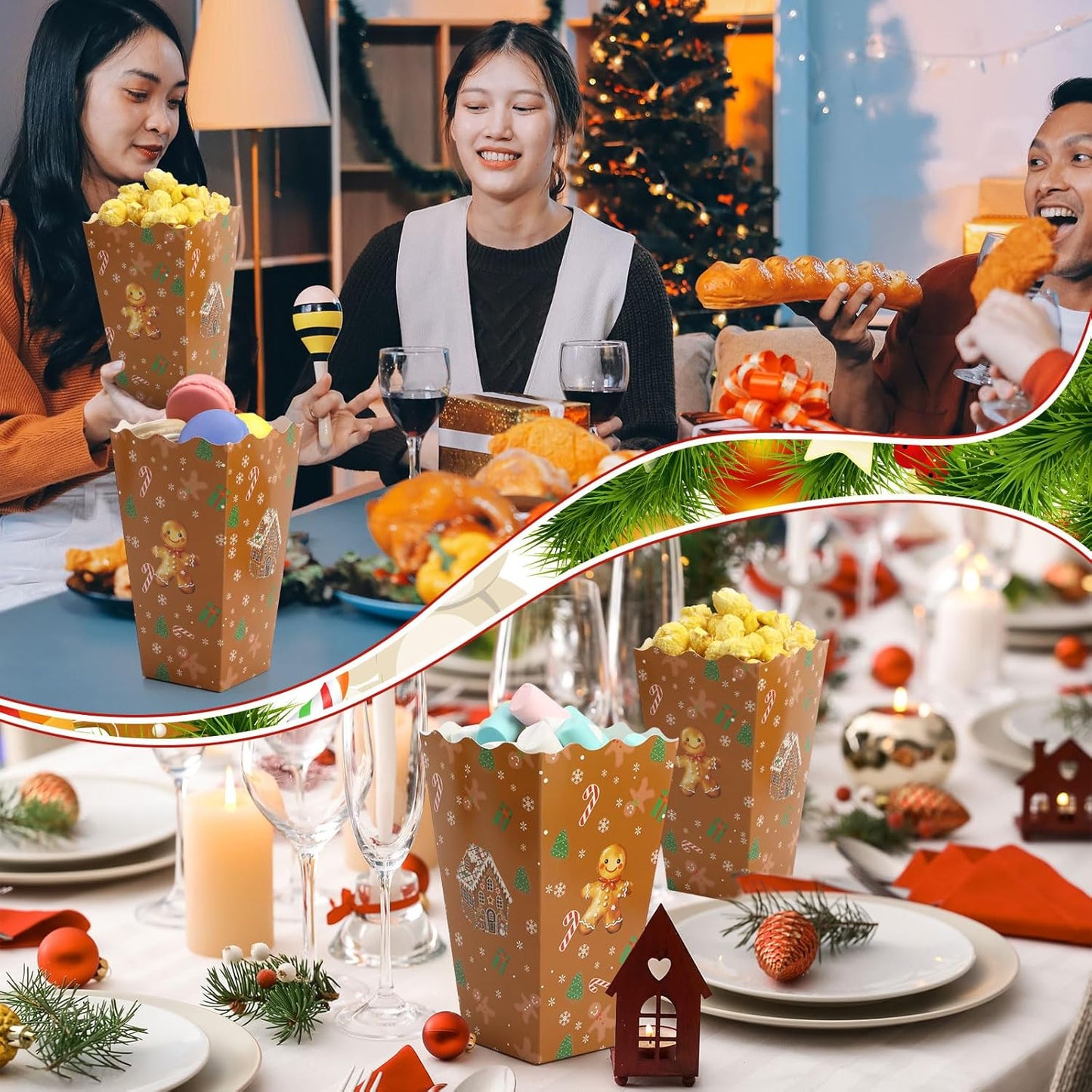 Faccito 50 Pcs Christmas Popcorn Boxes Brown Gingerbread Popcorn Boxes Christmas Paper Snow House Buckets Snack Containers Holiday Case for Xmas Party Gingerbread House Party Favors Supplies