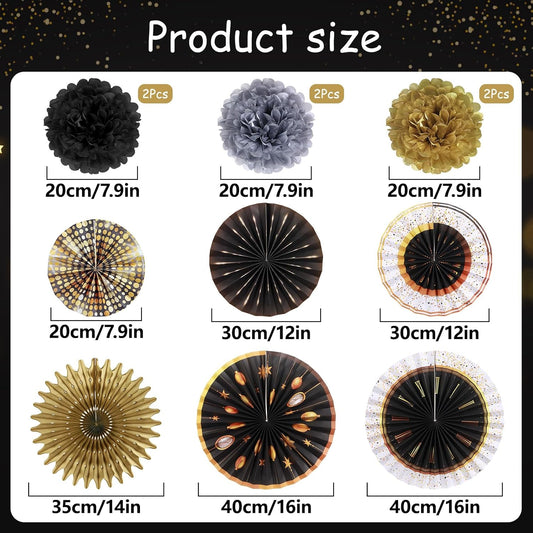 SUNBEAUTY Birthday Party Decorations Gold Black Hanging Paper Fans Tissue Pom Poms Happy New Year Banner, Eve Party Supplies for 2025