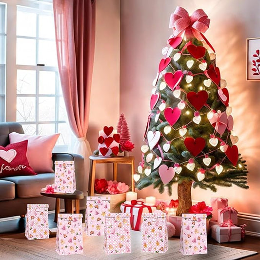 Inshinern 12 Pcs Pink Christmas Tree Party Favor Bags Small Christmas Gift Bags with Stickers Snowman Candy Cane Bag for Gingerbread Man Theme Birthday Baby Shower Decorations, Xmas Party Supplies