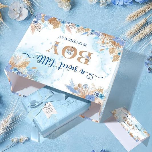 Baby Shower Paper Bag, Blue Floral Sweet Baby Boy Gift Bag with Tissue Paper and Card Boho Dried Flowers Wrap Bag with Handle for Baby Shower Birthday Gender Reveal Party Favors Decorations Supplies