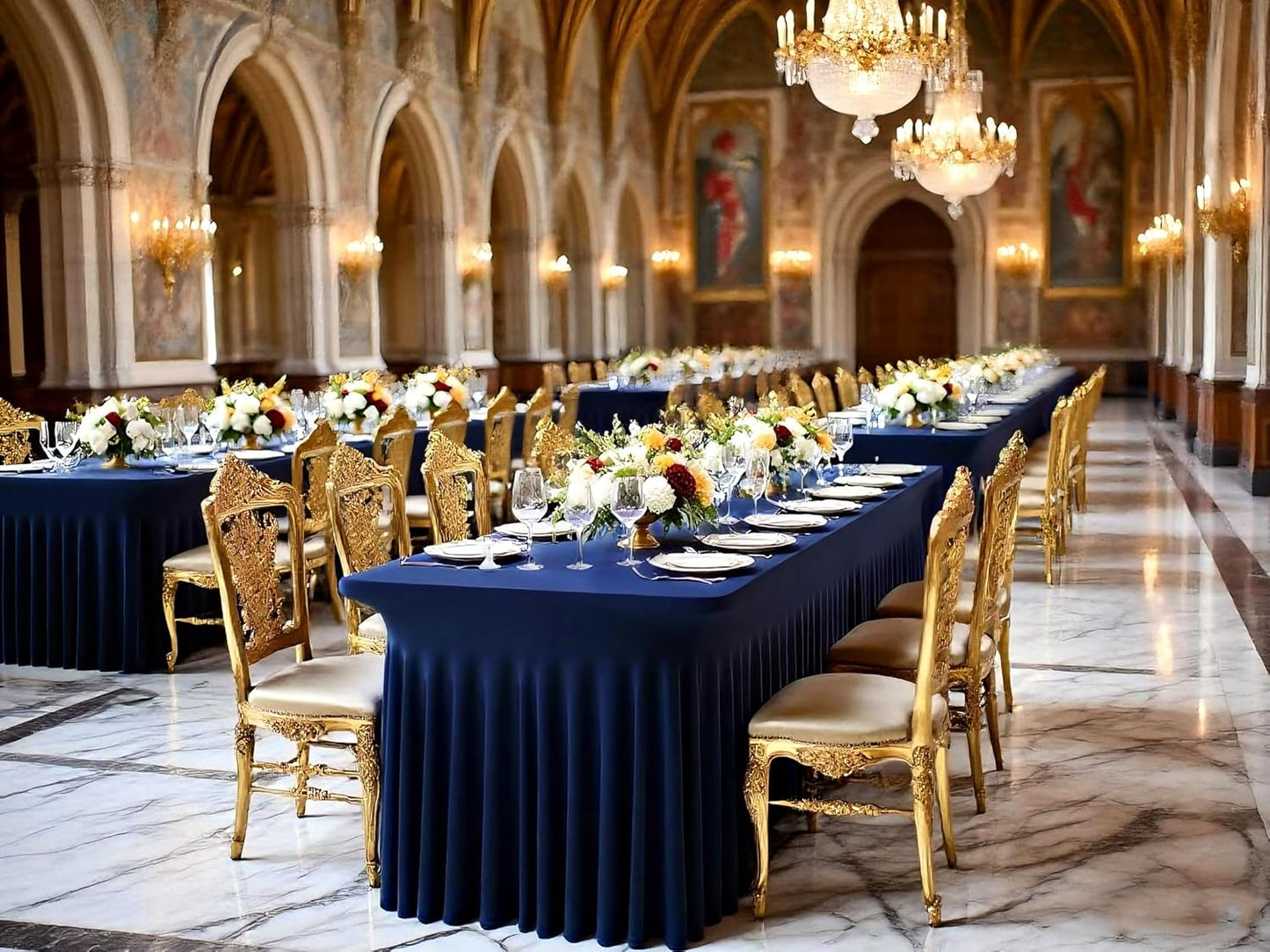 2 Packs Navy Blue Stretch Table Skirts for 8 Foot Rectangle Table, Washable Spandex Stretch Tablecloths with Skirt, Wrinkle Resistant Fitted Tablecover for Wedding Party Banquet
