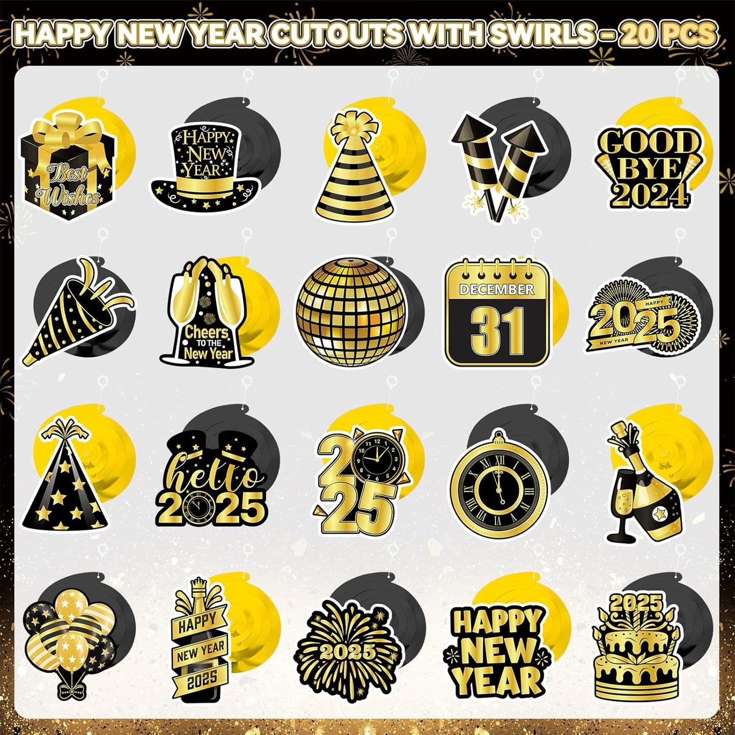 40Pcs Happy New Year Decorations Hanging Swirls, Black and Gold Happy New Year Hanging Swirls Ceiling Decor Happy New Year Hanging Decorations New Year's Eve Party Decorations Supplies 2025