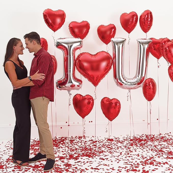 Red Heart Shaped Balloons Silver I LOVE YOU Valentine Balloons for Valentines Day Bridal Shower Wedding Party Decorations